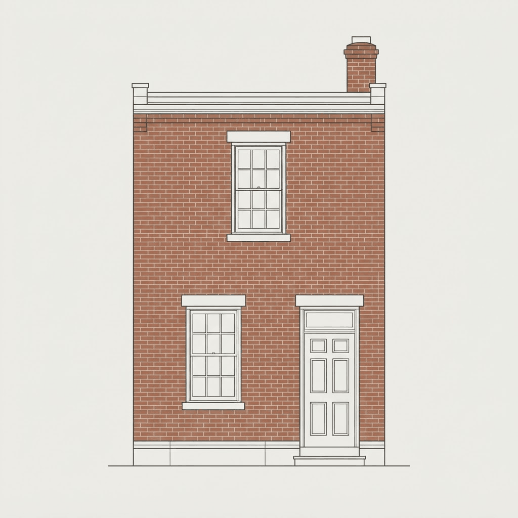 Line diagram of a two-story rowhome facade, showing brick coursing, mortar joints, a chimney and a window lintel.