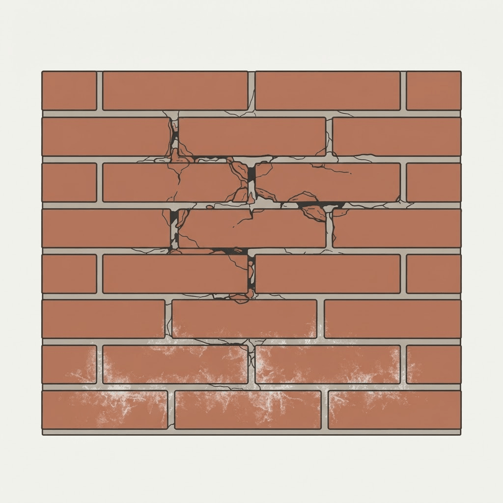 Close-up line diagram of brickwork with eroded mortar joints and powdery residue at sill height.